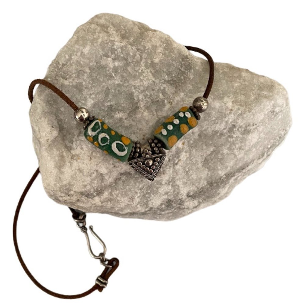 Vintage 70s Sterling Silver and Green and Yellow, Ceramic Bead Necklace